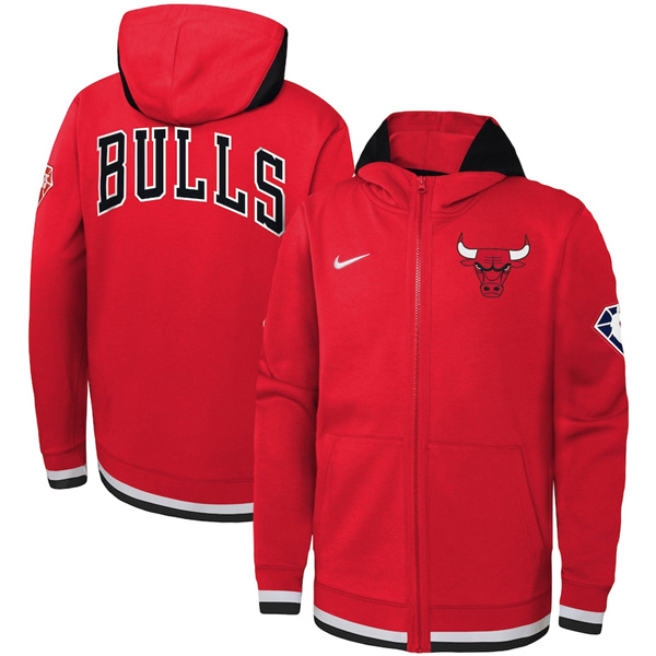 Men's Chicago Bulls Red 75th Anniversary Performance Showtime Full-Zip Hoodie Jacket - Click Image to Close